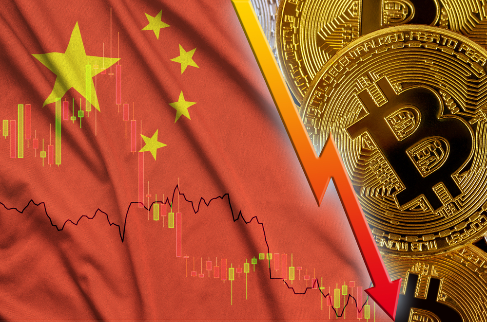 China flag and cryptocurrency falling