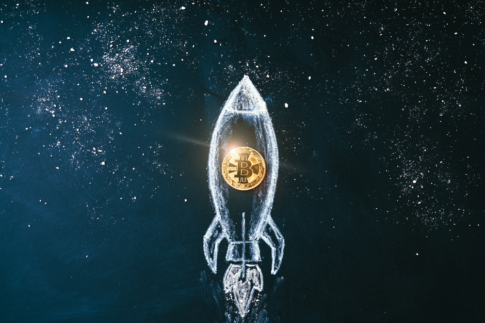 Bitcoin logo rocket launcher